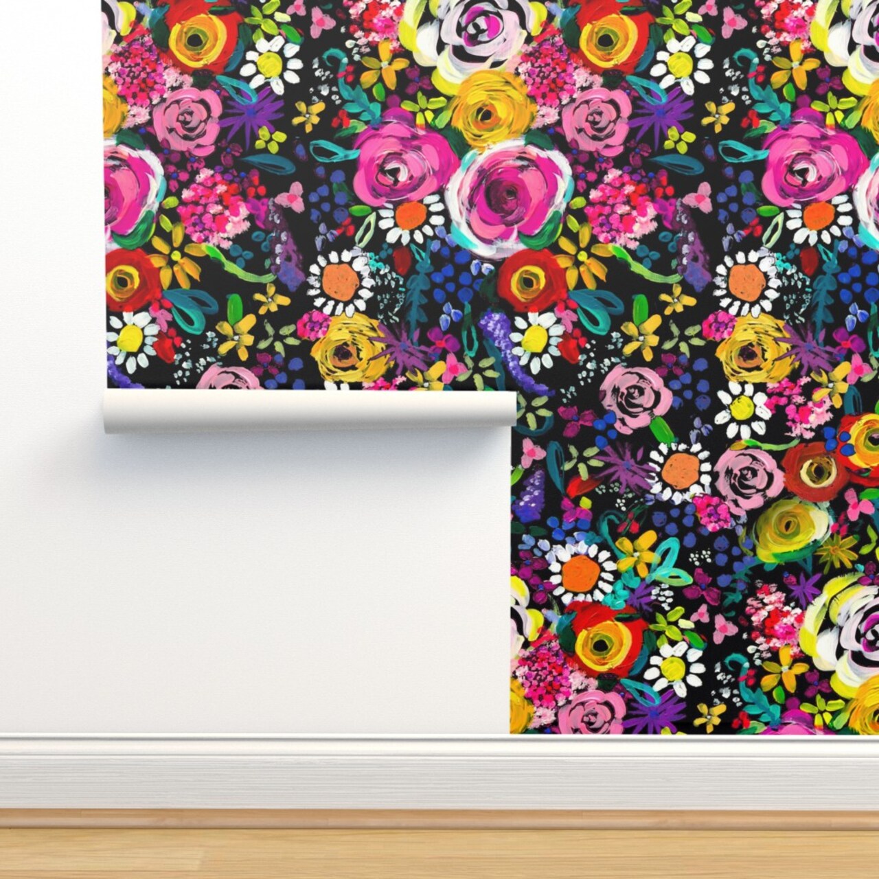 Bright Floral Painting Colorful Florals With Black Backg Neon Summer Flower Custom Removable Wallpaper by Spoonflower Peel & Stick Wallpaper 2FT Wide